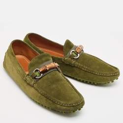 Gucci Green Suede Bamboo Horsebit Loafers Size 44