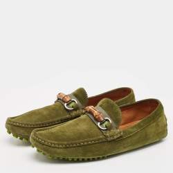 Gucci Green Suede Bamboo Horsebit Loafers Size 44
