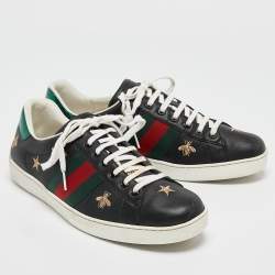 Gucci Black Leather Bee Ace Low Top Sneakers Size 44.5