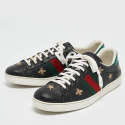 Gucci Black Leather Bee Ace Low Top Sneakers Size 44.5