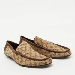 Gucci Beige GG Canvas and Leather Slip On Loafers Size 43.5
