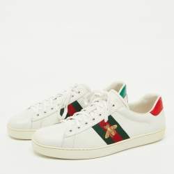 Gucci White Leather Bee Embroidered Ace Web Low Top Sneakers Size 45.5