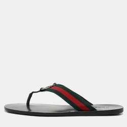 Gucci Black Leather GG Web Thong Flat Slides Size 43.5