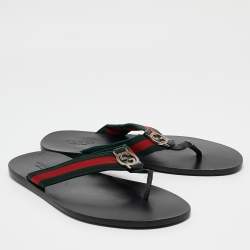 Gucci Black Leather GG Web Thong Flat Slides Size 43.5
