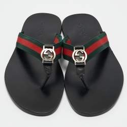Gucci Black Leather GG Web Thong Flat Slides Size 43.5