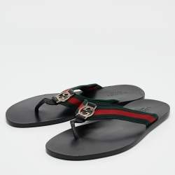 Gucci Black Leather GG Web Thong Flat Slides Size 43.5