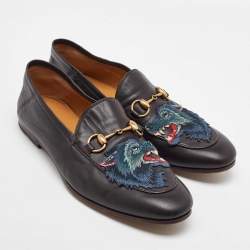 Gucci Dark Brown Leather Brixton Wolf Applique Horsebit Loafers Size 41.5