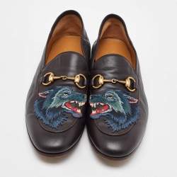 Gucci Dark Brown Leather Brixton Wolf Applique Horsebit Loafers Size 41.5