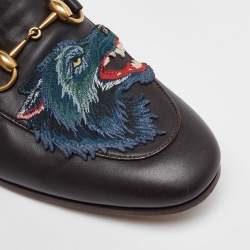 Gucci Dark Brown Leather Brixton Wolf Applique Horsebit Loafers Size 41.5