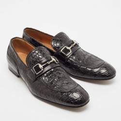 Gucci Black Alligator Leather Horsebit Slip On Loafers Size 43.5