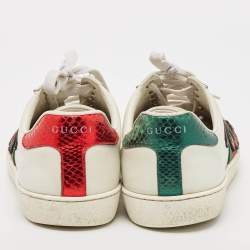 Gucci White Leather and Python Embossed Embroidered Snake Ace Sneakers Size 41