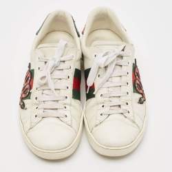 Gucci White Leather and Python Embossed Embroidered Snake Ace Sneakers Size 41
