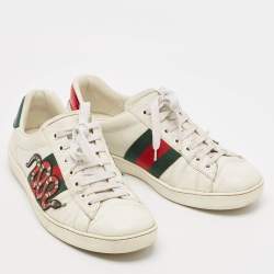 Gucci White Leather and Python Embossed Embroidered Snake Ace Sneakers Size 41