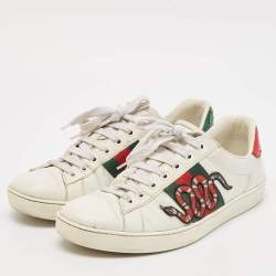 Gucci White Leather and Python Embossed Embroidered Snake Ace Sneakers Size 41