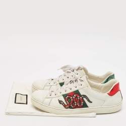 Gucci White Leather and Python Embossed Embroidered Snake Ace Sneakers Size 41