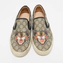 Gucci Black/Beige GG Supreme Canvas Tiger Print Slip On Sneakers Size 43