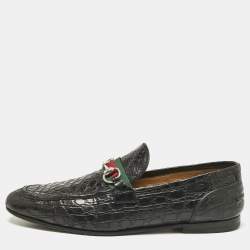 Gucci Black Crocodile Horsebit Web Detail Slip On Loafers Size 43.5