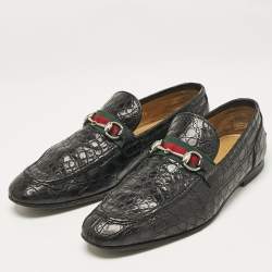 Gucci Black Crocodile Horsebit Web Detail Slip On Loafers Size 43.5