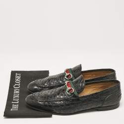 Gucci Black Crocodile Horsebit Web Detail Slip On Loafers Size 43.5