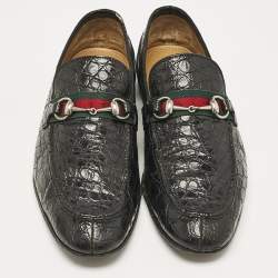 Gucci Black Crocodile Horsebit Web Detail Slip On Loafers Size 43.5