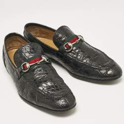 Gucci Black Crocodile Horsebit Web Detail Slip On Loafers Size 43.5