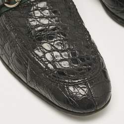 Gucci Black Crocodile Horsebit Web Detail Slip On Loafers Size 43.5