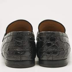 Gucci Black Crocodile Horsebit Web Detail Slip On Loafers Size 43.5