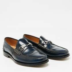 Gucci Navy Blue Leather Horsebit Slip On Loafers Size 46
