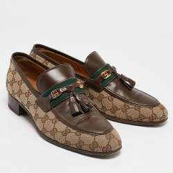 Pre Owned Gucci Beige/Brown GG Canvas and Leather Paride Loafers Size 42