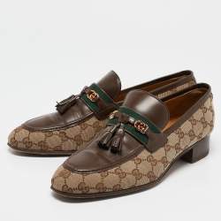Pre Owned Gucci Beige/Brown GG Canvas and Leather Paride Loafers Size 42