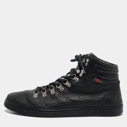 Pre Owned Gucci Black Guccissima Leather Web High Top Sneakers Size 44
