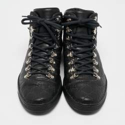 Pre Owned Gucci Black Guccissima Leather Web High Top Sneakers Size 44