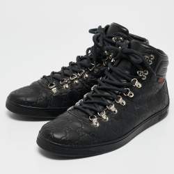 Pre Owned Gucci Black Guccissima Leather Web High Top Sneakers Size 44
