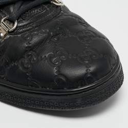 Pre Owned Gucci Black Guccissima Leather Web High Top Sneakers Size 44