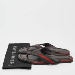 Gucci Dark Brown Web Canvas and Guccissima Leather Thong Flats Size 43.5