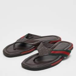 Gucci Dark Brown Web Canvas and Guccissima Leather Thong Flats Size 43.5