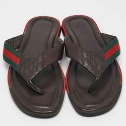 Gucci Dark Brown Web Canvas and Guccissima Leather Thong Flats Size 43.5