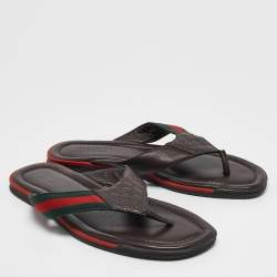 Gucci Dark Brown Web Canvas and Guccissima Leather Thong Flats Size 43.5