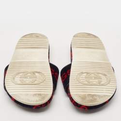 Gucci Navy Blue/Red GG Velvet Flat Slide Sandals Size 42