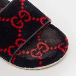 Gucci Navy Blue/Red GG Velvet Flat Slide Sandals Size 42