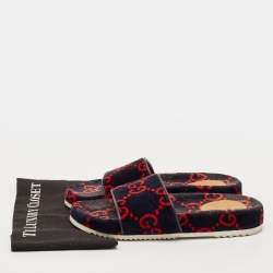 Gucci Navy Blue/Red GG Velvet Flat Slide Sandals Size 42