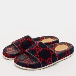 Gucci Navy Blue/Red GG Velvet Flat Slide Sandals Size 42