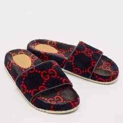 Gucci Navy Blue/Red GG Velvet Flat Slide Sandals Size 42