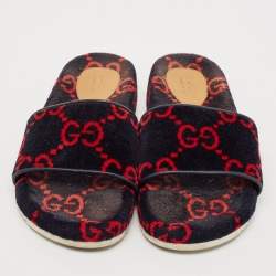 Gucci Navy Blue/Red GG Velvet Flat Slide Sandals Size 42