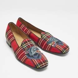 Gucci Multicolor Tartan Canvas Wolf Embroidered Slip On Loafers Size 44