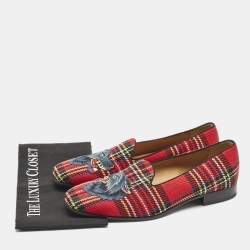 Gucci Multicolor Tartan Canvas Wolf Embroidered Slip On Loafers Size 44
