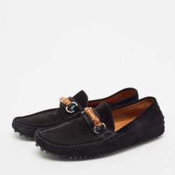 Gucci Black Suede Bamboo Horsebit Slip On Loafers Size 44.5