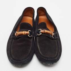 Gucci Black Suede Bamboo Horsebit Slip On Loafers Size 44.5