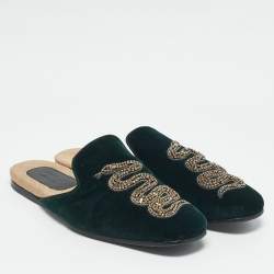 Gucci Dark Green Velvet Crystal Embellished Snake Flat Mules Size 43