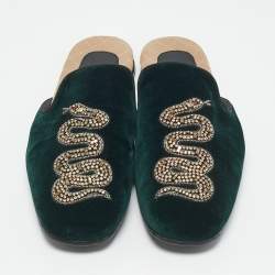 Gucci Dark Green Velvet Crystal Embellished Snake Flat Mules Size 43